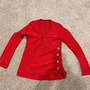 SHEIN Red Ribbed V-Neck Side-Button Knit Sweater